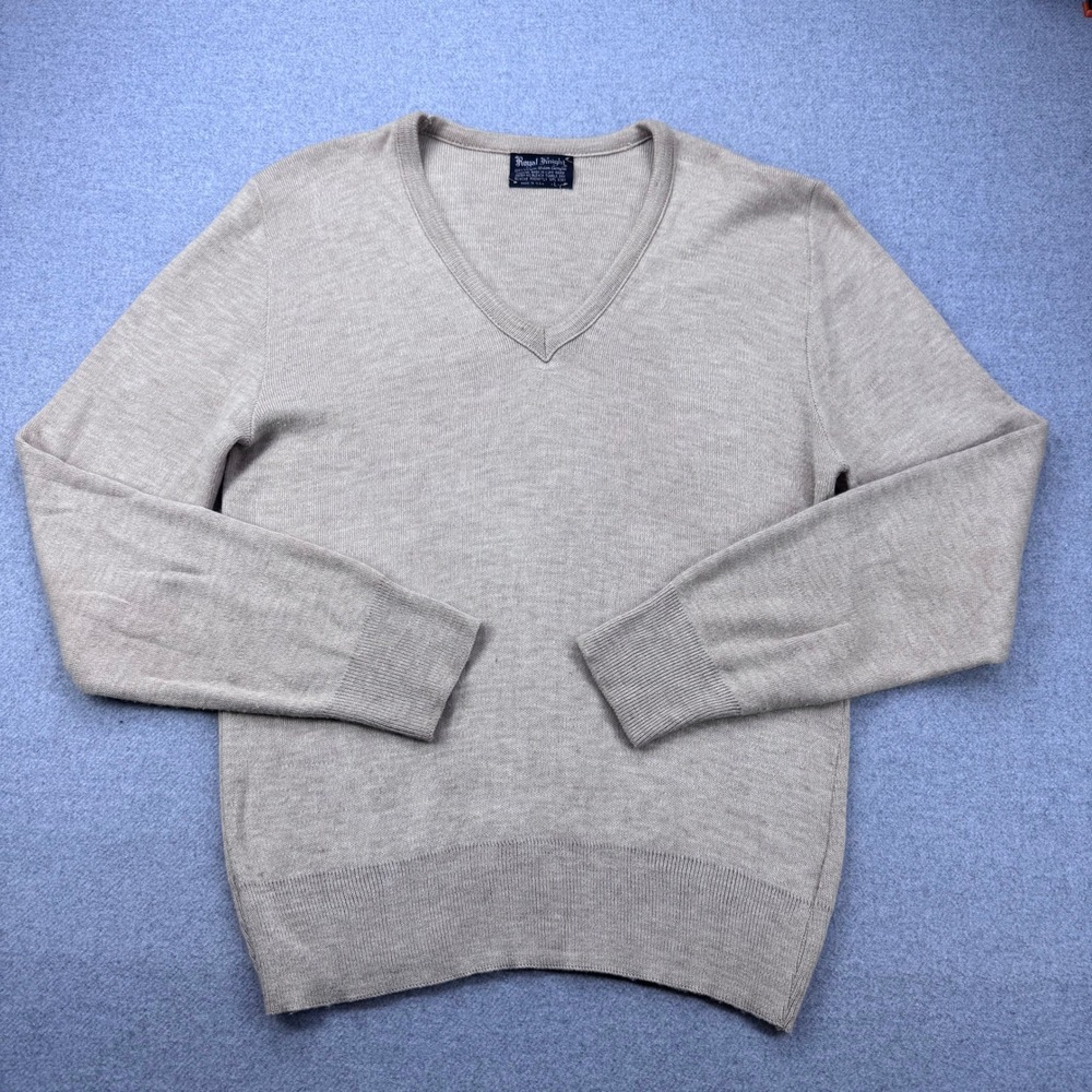 Vintage 60s Royal Knight Orlon V-Neck Sweater Mens Large Beige Made In‎ USA